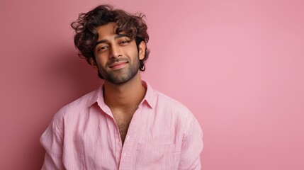 Fototapeta premium A handsome Indian man stands confidently against a soft pink background, showcasing his curly hair and charming smile. He wears a casual shirt and exudes a relaxed demeanor