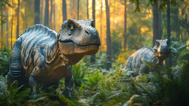 Rrealistic dinosaurs walking in ancient forest, prehistoric jungle scene