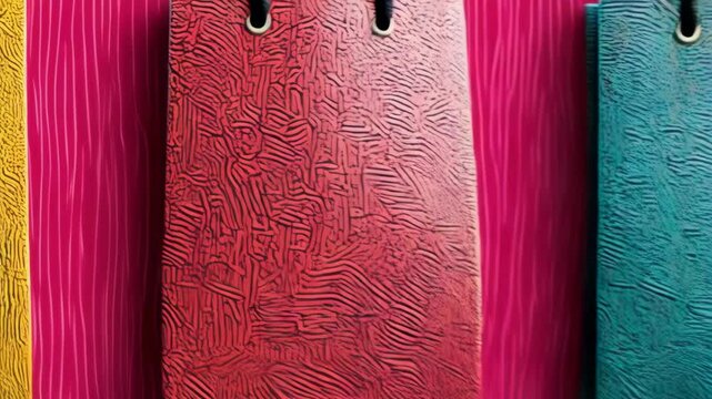 Colorful patterned gift bags arranged against a pink patterned background in a modern, abstract composition.