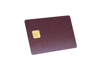 Grainy textured debit card. Tilted colored plastic card with chip shown in perspective for credit,