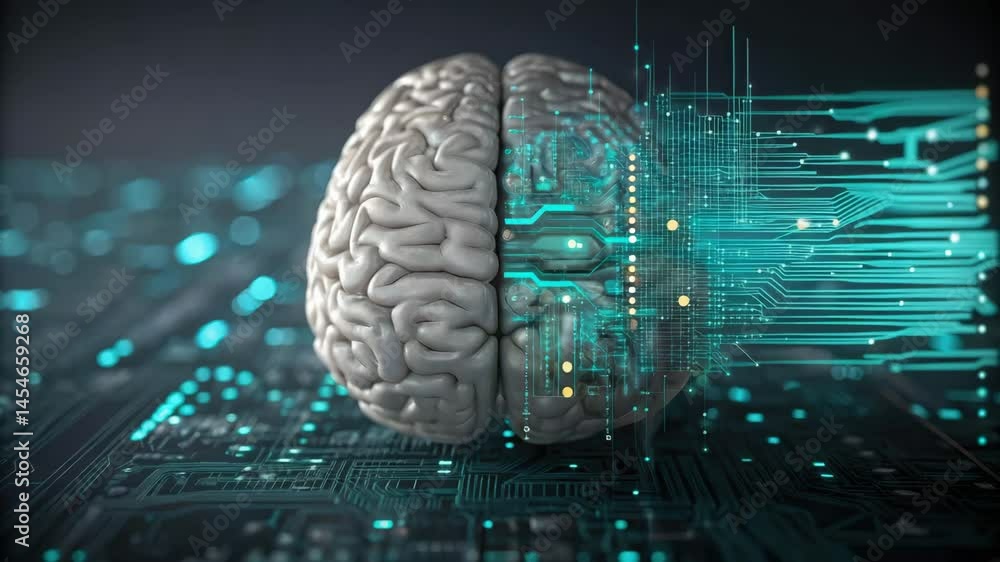 Poster upgrade technology and digital transformation, a digital brain is connected to a circuit board, symb