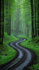 Obraz premium Curvy trail through lush, verdant forest, peaceful