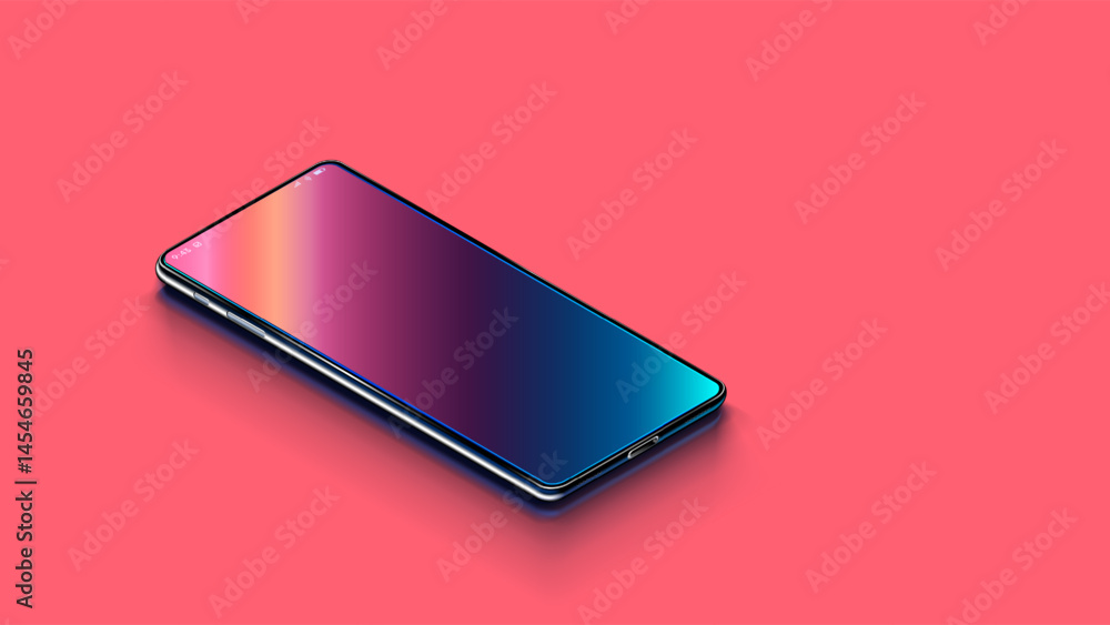 Poster Phone on desk. Modern vector realistic phone on bright coral background in perspective view. Realistic vector illustration isometric phone. New shiny mobile cell smartphone with reflection on screen.