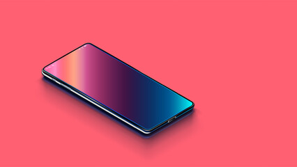 Phone on desk. Modern vector realistic phone on bright coral background in perspective view. Realistic vector illustration isometric phone. New shiny mobile cell smartphone with reflection on screen.