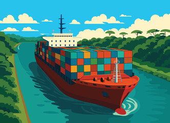 A large container ship navigates the Panama Canal surrounded by nature, representing international trade and global maritime transport.