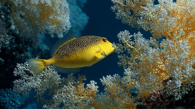 Yellow boxfish swims through colorful coral reef ecosystem in ocean environment