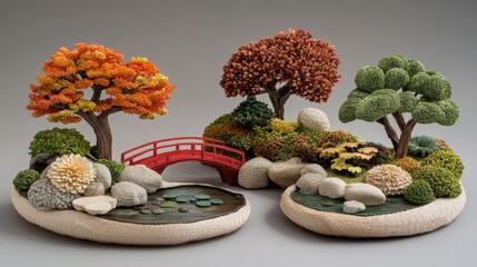 A meticulously detailed miniature Japanese garden with sculpted trees, red bridge, islands, ponds, lily pads, rocks, and vibrant autumn colors displayed beautifully