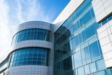 Modern glass office building with rounded architecture under blue sky. Contemporary commercial exterior with reflections. Ideal for corporate visuals, real estate, and business concepts. Banner