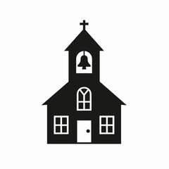 Black silhouette of a church building on a white background