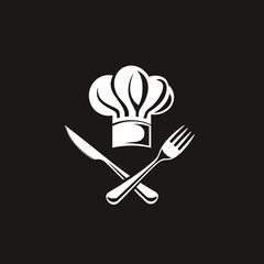 Chef's hat with knife and fork on black background