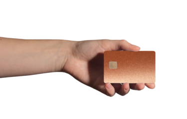 Stylish bank card design. Hand holding trendy plastic card for credit, debit, cashback, online