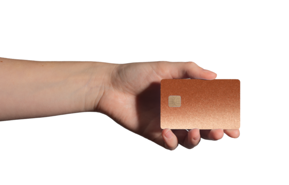 Stylish bank card design. Hand holding trendy plastic card for credit, debit, cashback, online