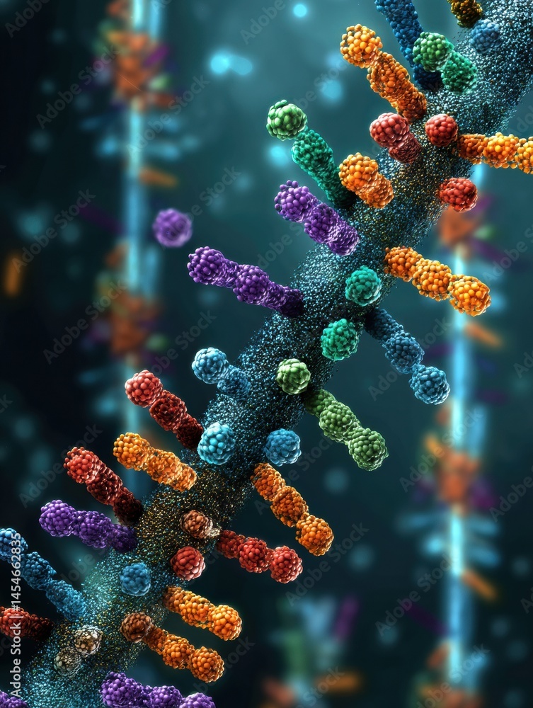Aufkleber DNA Strand Intertwined With Vibrant Bacterial Colonies Showcasing the Effects of Mutation in a Microscopic Environment Generative AI