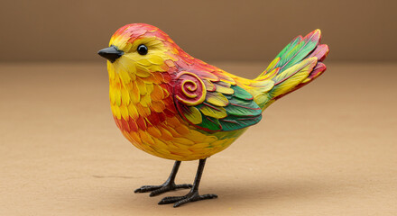 Colorful Bird Sculpture with Decorative Swirl on Brown Background