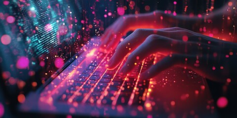 Creative coding session illuminated by colorful digital particles at night