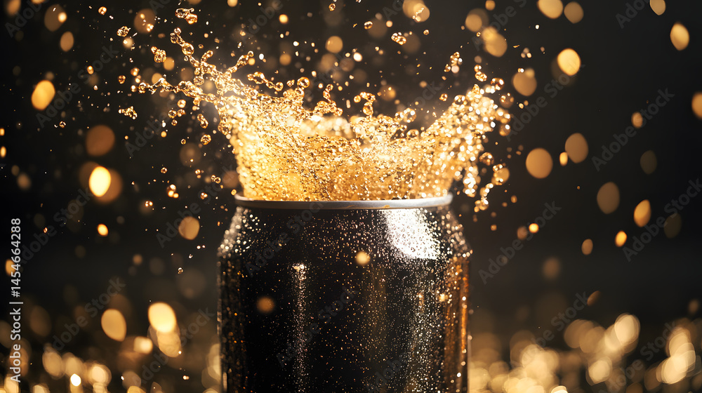 Poster explosive refreshment: a refreshing beverage bursts forth from a sleek can, showcasing a dynamic spl