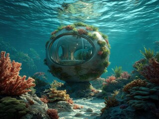 Underwater habitat blending seamlessly with the ocean environment, showcasing future living and sustainable architecture.