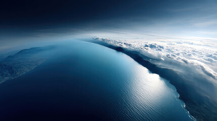 Obraz premium Aerial view of large ocean wave approaching coastline with clouds and mountains background, clear sky, creating dramatic