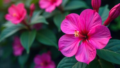 Fototapeta premium Bold fuchsia blossoms in vibrant floral print , lush, vivid