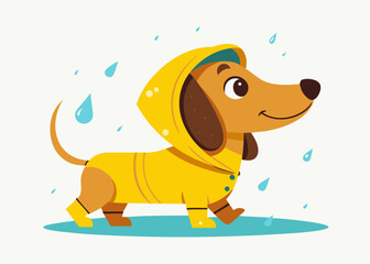 Cute Dachshund Dog Wearing Yellow Raincoat in the Rain