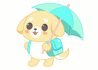 Adorable Cartoon Puppy with Backpack and Umbrella