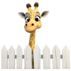 Naklejka premium Cartoon Giraffe Peeking Over White Fence Isolated on Transparent Background