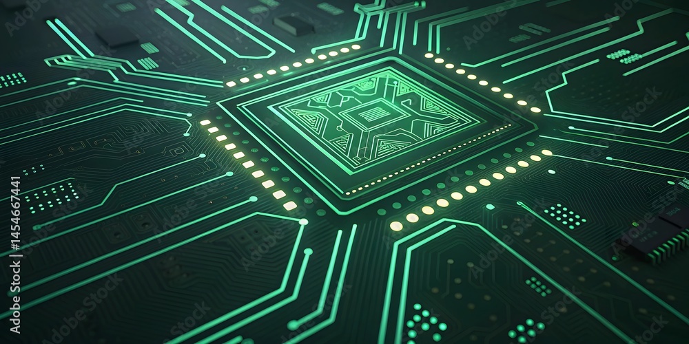 Poster glowing green circuit board closeup intricate design illuminated technology abstract digital world i