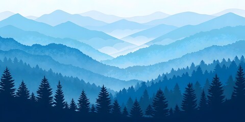 Serene Blue Mountainscape Layers of tranquil blue hues paint a breathtaking panorama of majestic peaks and a dense evergreen forest, creating a peaceful atmosphere.