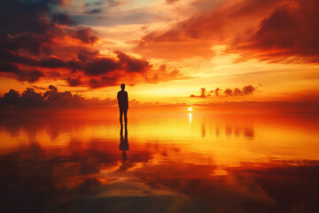 Fototapeta premium Silhouette of a Person at Sunset Over Calm Water