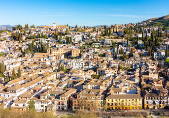 Obraz premium Granada cityscape with Albaicin district seen from Alhambra gardens, Spain