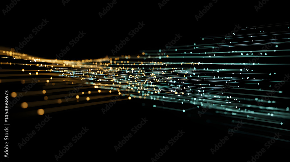 Poster digital flow: an abstract digital artwork that depicts the dynamic motion of digital data streams, w