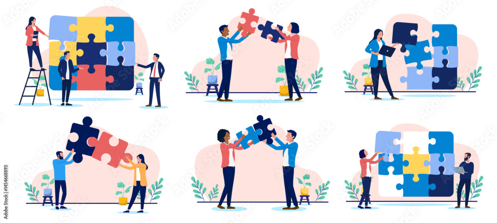 Poster business puzzle vector collection - set of problem solving illustrations with businesspeople and jig