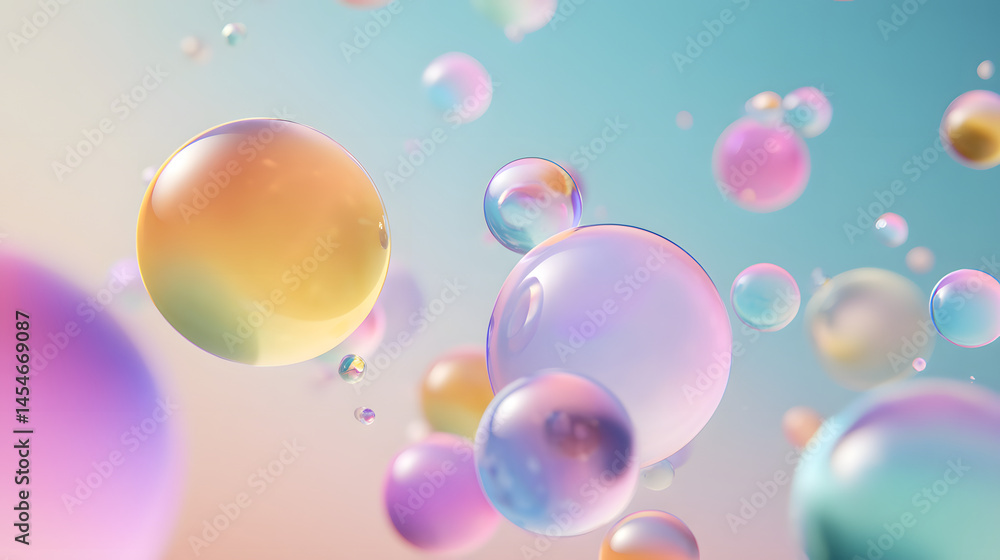 Poster floating bubbles: pastel-colored bubbles float in a dreamy, ethereal scene. the bubbles shimmer and 