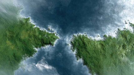 Obraz premium Aerial view of lush green islands with narrow water channel between them under cloudy sky, creating scenic natural landscape