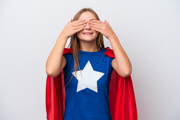 Super Hero Russian woman isolated on white background covering eyes by hands