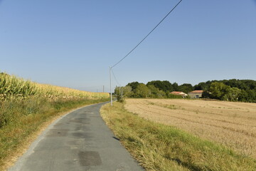 Route secondaire de campagne sous un ciel bleu près du bourg de Champagne au Périgord Vert  © Photocolorsteph