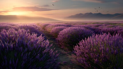 Obraz premium Vast lavender field basks in golden hour sunlight