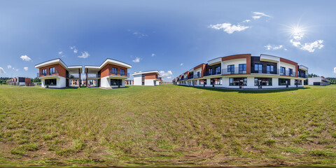 hdri 360 panorama in low-rise residential townhouse or public buildings complex with several multi-level apartments with isolated entrances in equirectangular spherical seamless projection