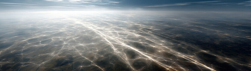 Aerial view of vast natural energy grid with interconnected light patterns across landscape, creating mesmerizing network