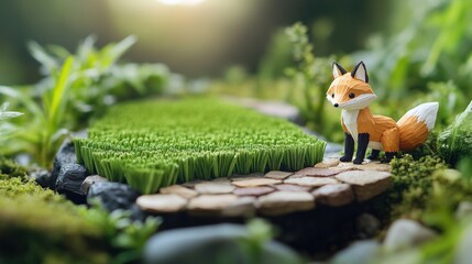 Obraz premium Miniature Orange Fox Figurine on Stone Path in Lush Mossy Garden Scene Bathed in Soft Sunlight Captured in Beautiful, Serene Nature Setting