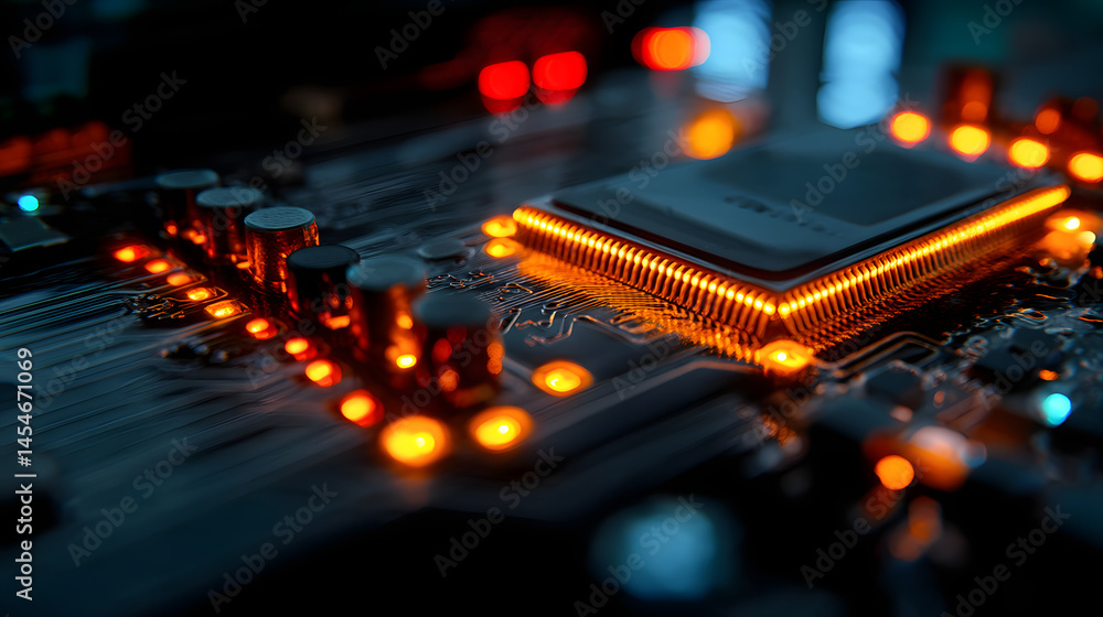 Aufkleber tech circuit illumination: an intricately designed circuit board glows with radiant neon orange and 