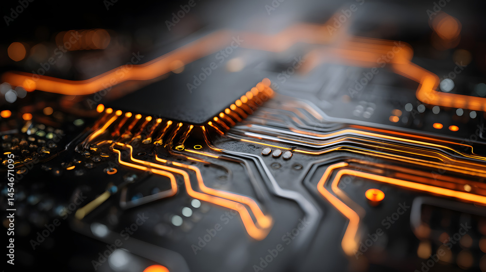 Poster circuit board glowing: an intricate network of glowing orange circuits traces a complex path across 