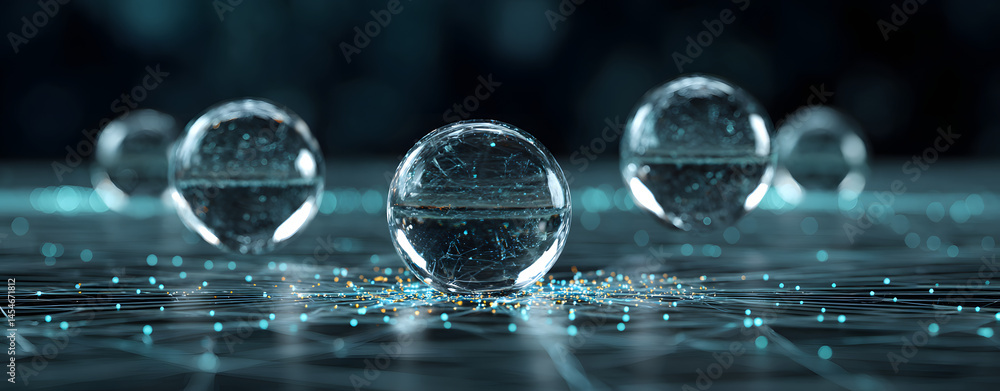 Poster abstract spheres in digital network: transparent spheres float over an intricate network, representi