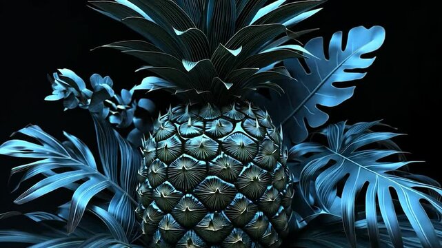 Vibrant blue pineapple amidst tropical foliage