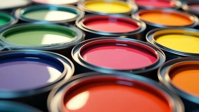 Chromatic Cascade: A Visually Striking Array of Vibrant Paint Cans Composition