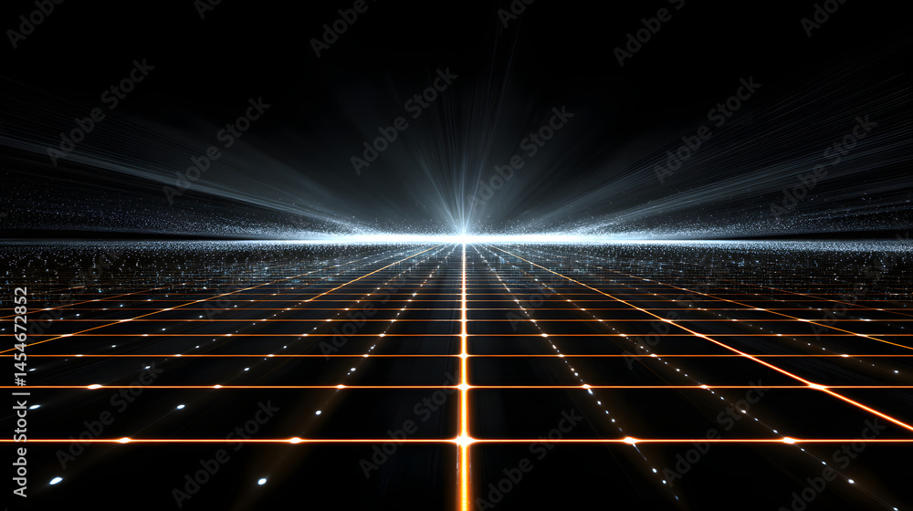 Poster data grid horizon: an abstract composition of a data grid stretching towards a luminous horizon line