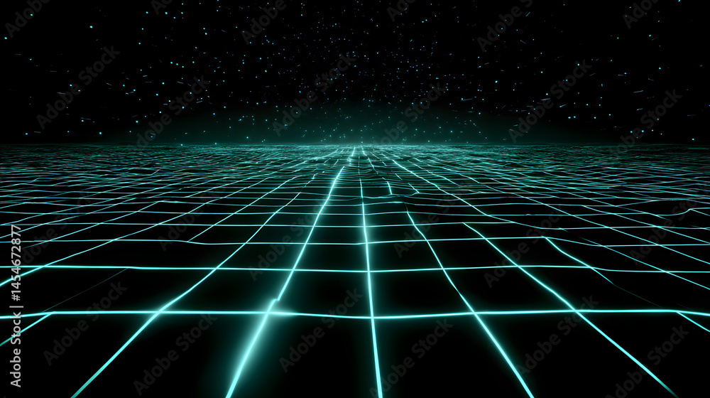 Poster neon grid in the cosmos: an abstract image of a grid formed with neon lines, creating a perspective 