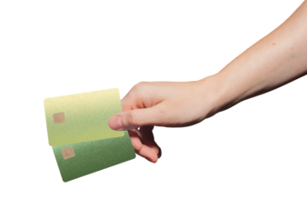 Smart store payment. Hand holding two modern plastic bankcards with chip for credit, debit, cashback