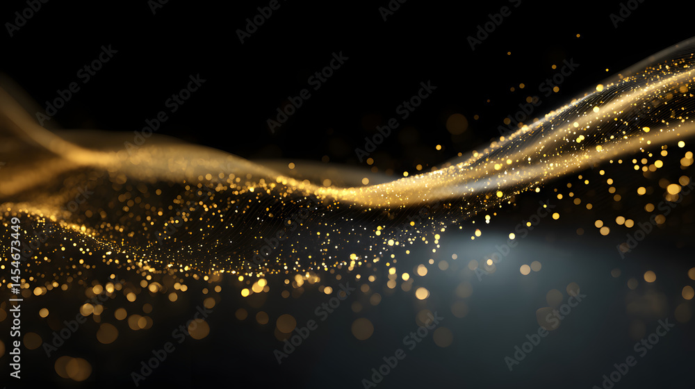Poster golden particle wave: a captivating display of shimmering golden particles gracefully flowing in a w