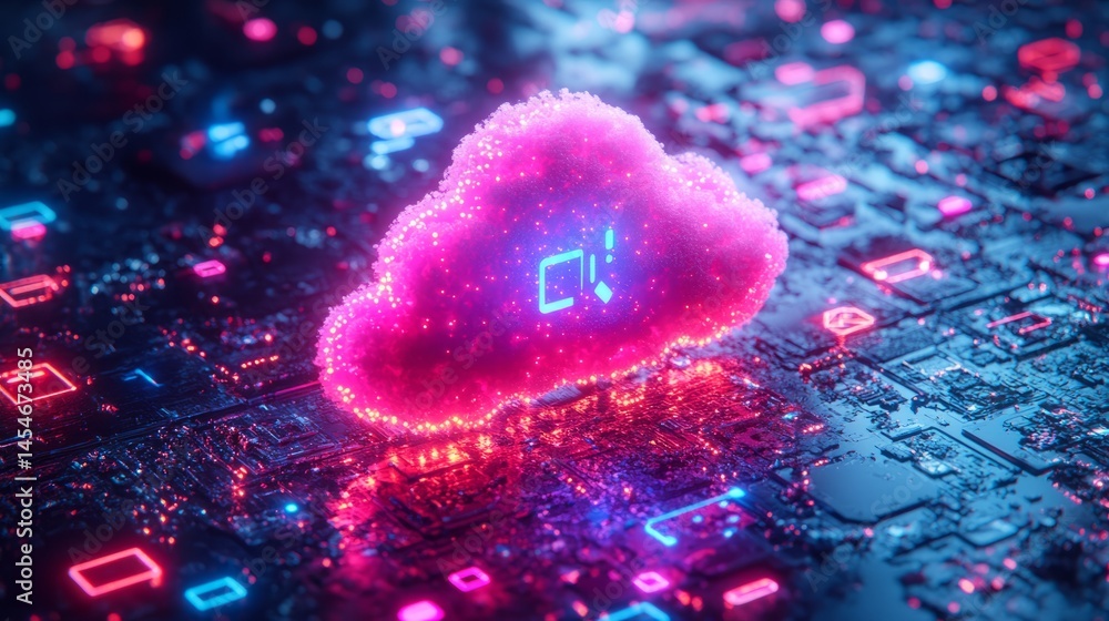 Poster cloud computing in digital cosmos: a vibrant digital representation of cloud computing. a neon cloud